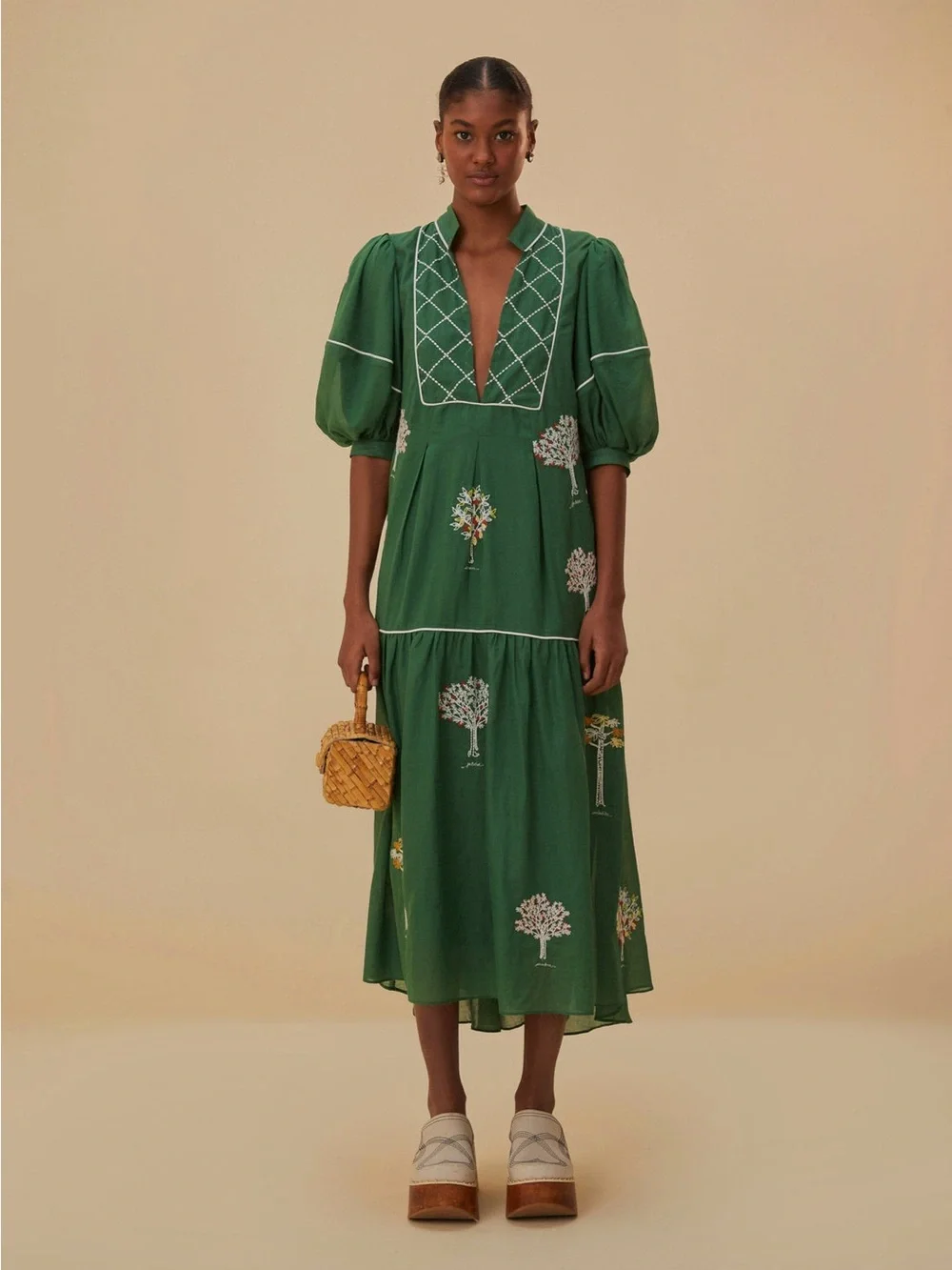 Farm Rio: Green Embroidered Trees Organic
Cotton Midi Dress - Picture 1 of 13